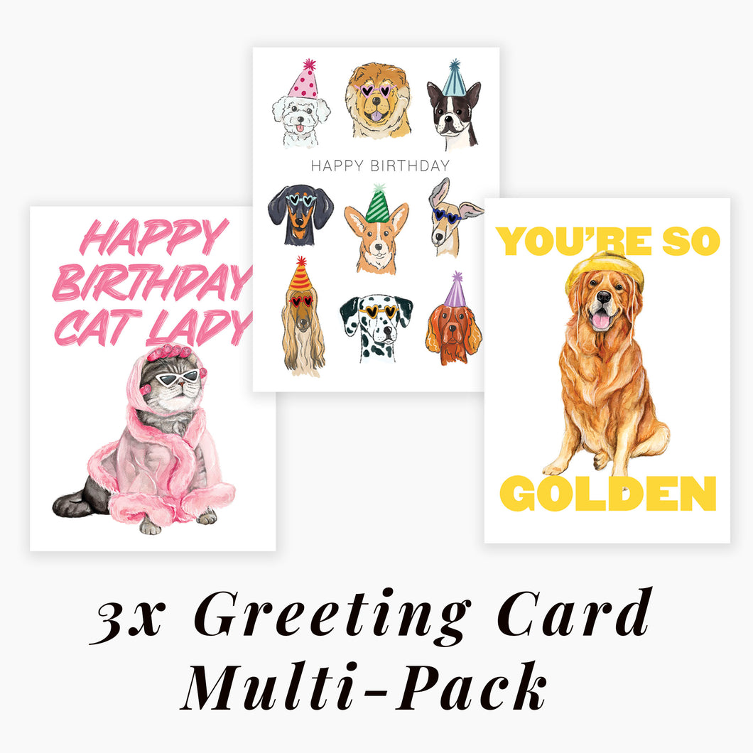 Greeting Card Multi-Pack - 3x Greeting Cards 🐶💖🎂🐈